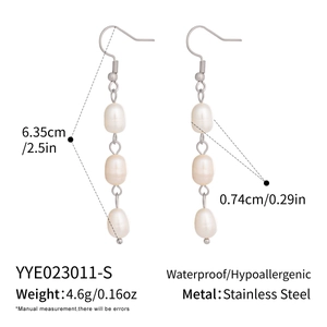 Detail of three freshwater pearl drop earrings with stainless steel hooks and dimensions