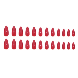 Glossy red almond shape press-on nails set with twenty-four pieces on white background
