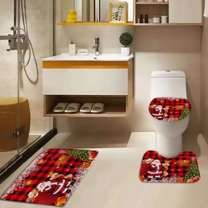 Detailed 3-piece Christmas bathroom mat set with red plaid patterns and festive motifs