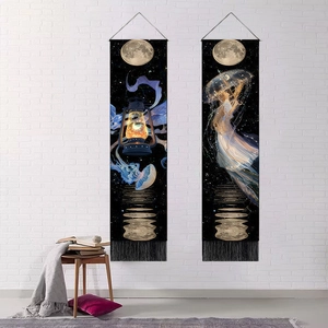 Nordic style jellyfish starry moon tapestry set with black tassels for wall decor