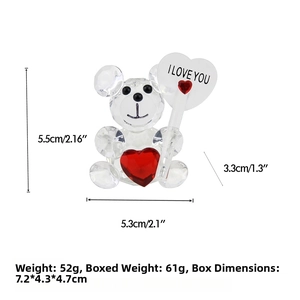 Detail view of crystal bear figurine with red heart and I LOVE YOU balloon and dimensions