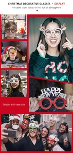 Close-up of glittery Christmas glasses showing various holiday themes and festive styles