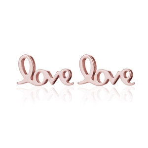 Detailed view of polished rose gold Love stud earrings with cursive script and metallic shine