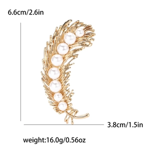 Elegant golden feather brooch with white pearls for women, size 6.6cm by 3.8cm