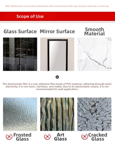 Guide for static PVC window stickers showing applicable smooth glass surfaces and usage tips