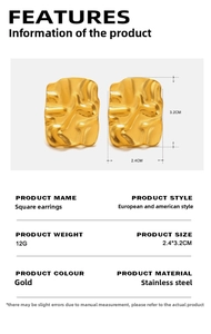Detail showing 2.4x3.2cm gold stainless steel square earrings with pleated texture
