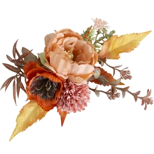 Handmade wrist corsage featuring peach peony and orange anemone for wedding events