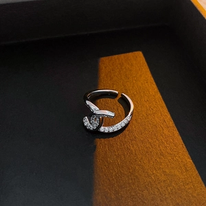 Detailed macro view of the silver ring showing cubic zirconia pave and logo design