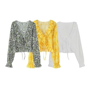 Women Blouse Shirt Ruffle Tie Front V Neck Long Lantern Sleeve Sweet Vacation Top Crinkle Texture Polyester