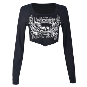 Close-up of black long sleeve cropped T-shirt with Rock Roll skull print and ribbed texture