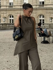Women Halter Neck Top And Wide Leg Pants Polyester Asymmetrical Hem Drawstring Waist Elegant Minimalist Commuter Style