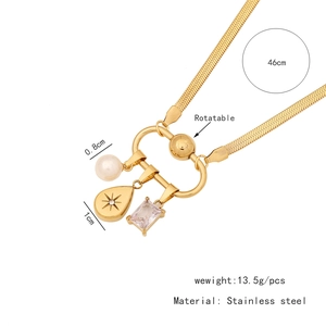 Detail of golden stainless steel necklace with size annotations and jewelry components