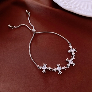 Silver cross zircon adjustable bracelet with drawstring chain on elegant brown silk