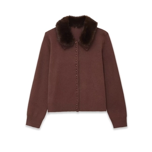 Dark brown knit cardigan with faux fur collar and button closure for winter style