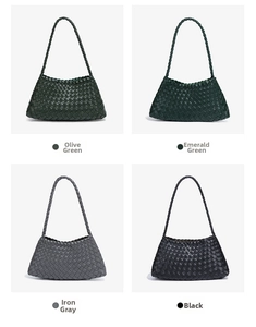 Detail view of leather woven handbags in olive, emerald, iron grey and black colors