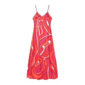 Rückenfreies Maxikleid für Damen mit rotem geometrischem Print und V-Ausschnitt