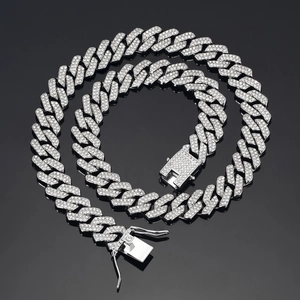 14mm silver iced out Cuban link chain necklace with sparkling rhinestones for hip hop style