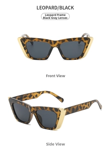 Detail view of leopard print cat eye sunglasses with gold trim and dark grey lenses