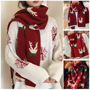 Women's Christmas Red Scarf Reindeer Snowflake Pattern Woven Polyester Imitation Cashmere Warm Winter Shawl Festive Gift