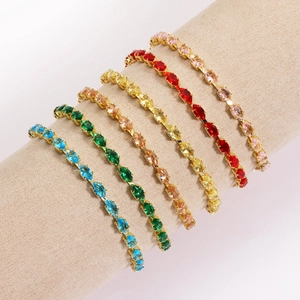 Close-up of adjustable marquise-cut zircon tennis bracelets in six vibrant colors