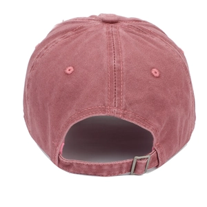 Detailed back view of vintage washed baseball cap featuring adjustable metal buckle and strap