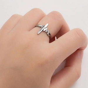 Minimalist silver stainless steel EKG heartbeat ring with adjustable open band design