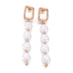 Elegant rose gold geometric drop earrings with white pearls on a clean white background