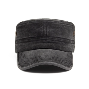 Retro washed cotton military flat top hat for men in charcoal black with metal side buckles