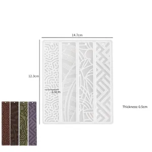 Detailed view of 4-slot silicone bookmark mold with sizes 14.7x12.3cm and texture samples
