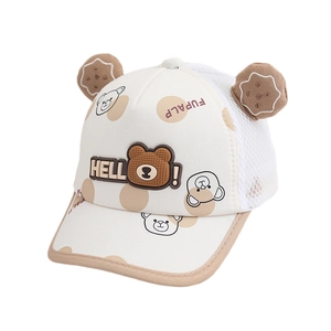 Kids breathable mesh baseball cap with cartoon bear prints and 3D ears on white background