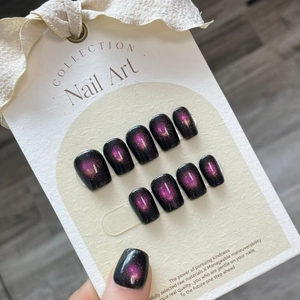 Handmade Press On Nails Cat Eye Magnetic Starry Sky Planet Short Square Round Shape Elegant Glossy For Women