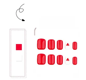 Short square press-on nails with red and white glossy finish and heart patterns