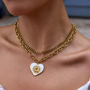18K gold plated stainless steel double layer necklace featuring a sun face heart pendant