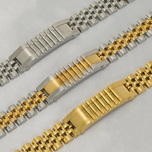 Detailed view of silver, gold and bicolor stainless steel jubilee watch bands with folding clasp
