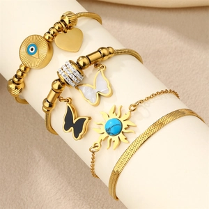 Stainless Steel Gold Plated Butterfly Evil Eye Sun Heart Pendant Bracelet Rhinestone Inlaid Fashion Boho Jewelry For Women