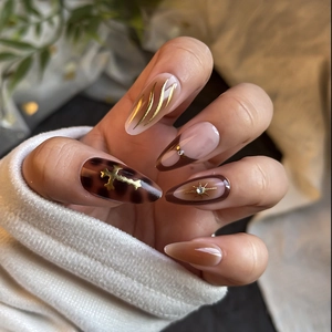 24pcs French gradient fake nails with golden cross, leopard print and rhinestone accents