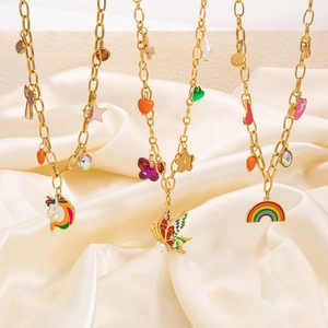Women's Stainless Steel Necklace With Rainbow Butterfly Multi-Pendant Cute Artificial Pearl Rhinestone Clavicle Chain Jewelry
