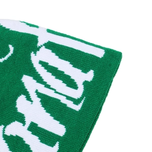 Detailed close-up of green knit beanie featuring white jacquard letter patterns