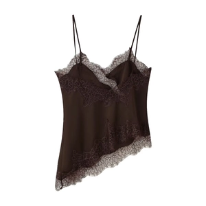 Detailed view of dark brown silk camisole featuring delicate lace trim and thin straps