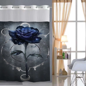 Detailed close-up of blue rose waffled shower curtain fabric with reinforced metal grommets