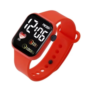 Red LED digital sports watch with square dial and silicone strap on a white background