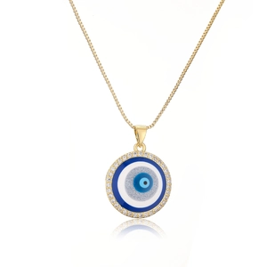 Golden evil eye pendant necklace with cubic zirconia on a classic box chain