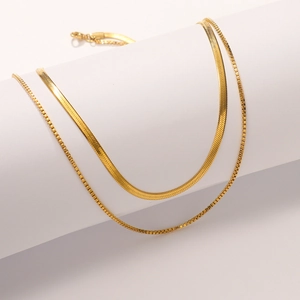 Double-layered 18K gold-plated stainless steel box and flat snake chain necklace