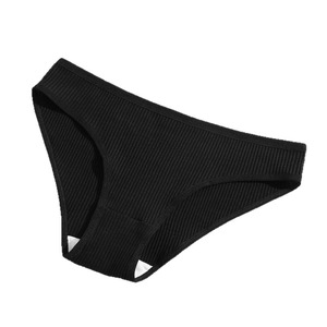 Women's black ribbed cotton briefs with breathable fabric in a flat lay minimalist view