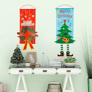 Festive Christmas fabric hanging banners with wreath and Santa designs for holiday wall decor
