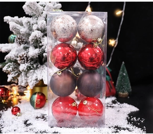 Detail of assorted 6cm Christmas balls with red, matte brown and silver textures