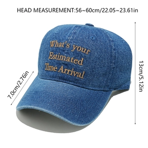 Detailed dimensions of blue denim baseball cap with embroidery and adjustable sizing