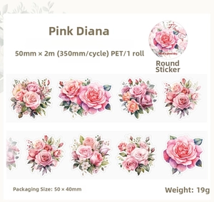 Detail of PET floral tape with pink rose patterns for scrapbooking and DIY journals