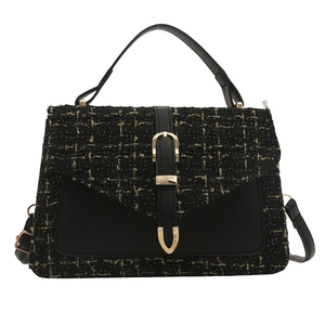 Vintage black tweed handbag with gold thread texture and metallic buckle closure