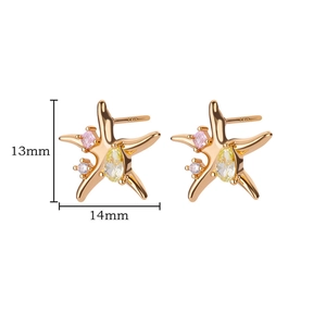 Detail of starfish stud earrings with colorful crystals and 925 silver gold plating